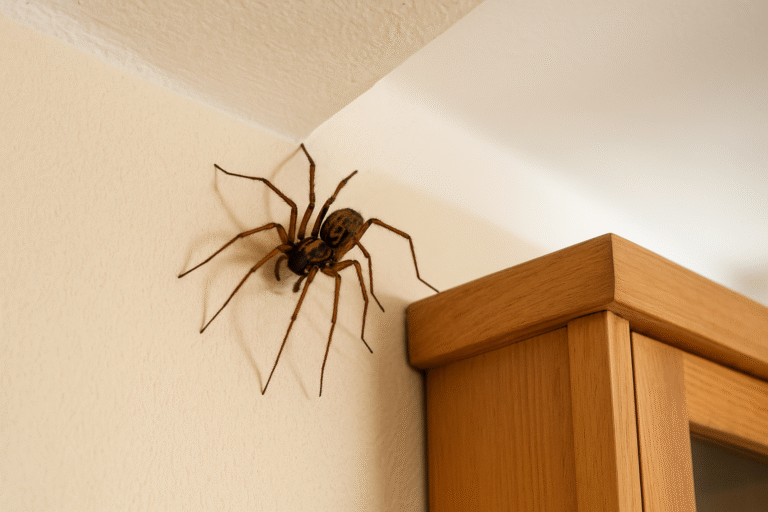 Araignée domestique dans un coin de mur d’une pièce à vivre bien éclairée, proche d’un meuble en bois clair