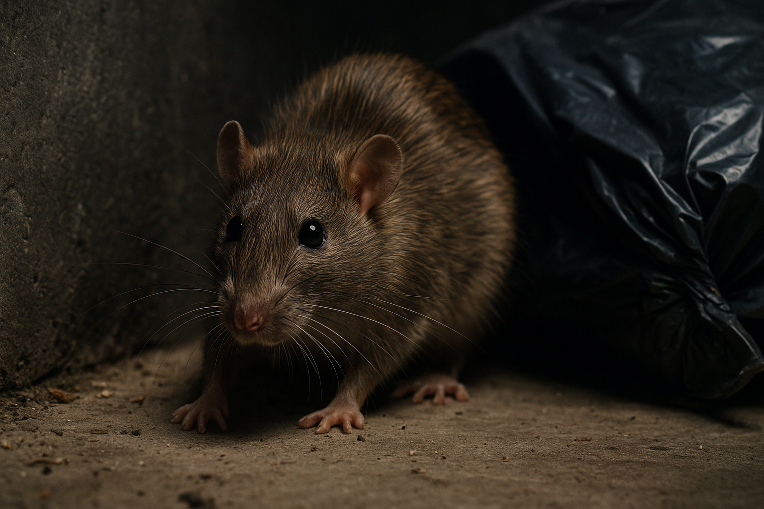 Rat brun adulte rampant le long d’un mur de cave en béton, près d’un sac poubelle déchiré