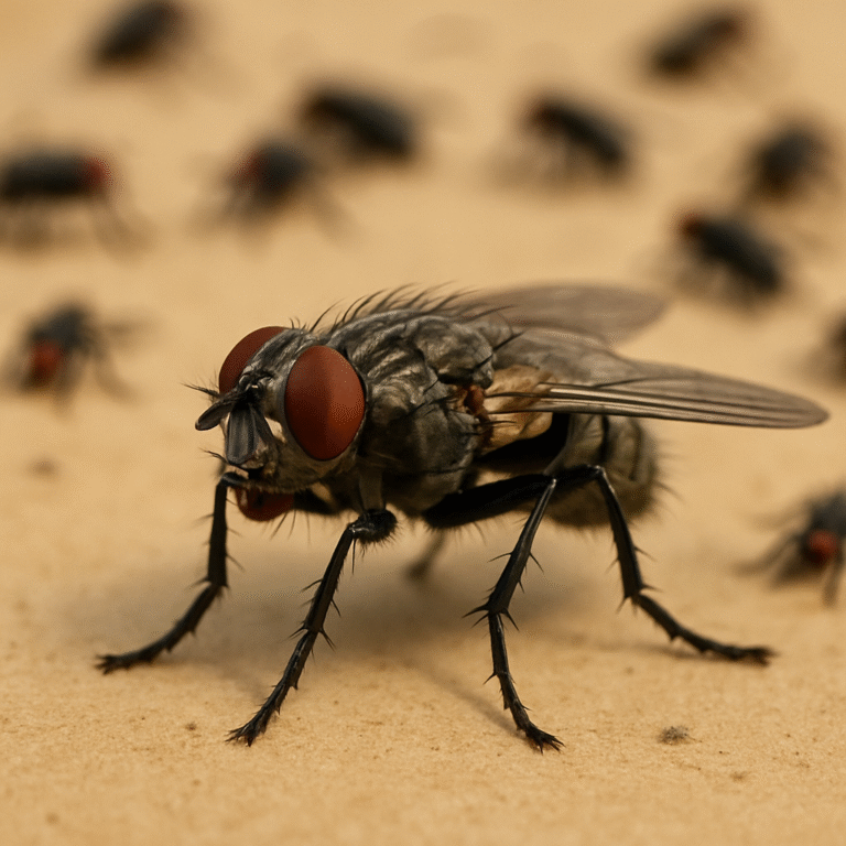 Nuée de mouches noires volant autour d’une lampe suspendue dans une cuisine, signe typique d’une infestation domestique