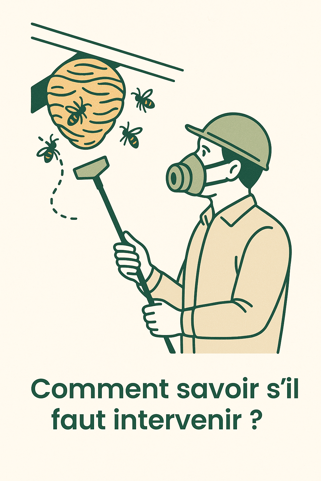 Illustration d’un professionnel en train de retirer un nid de guêpes sous un toit avec une perche, portant une combinaison et un masque de protection.