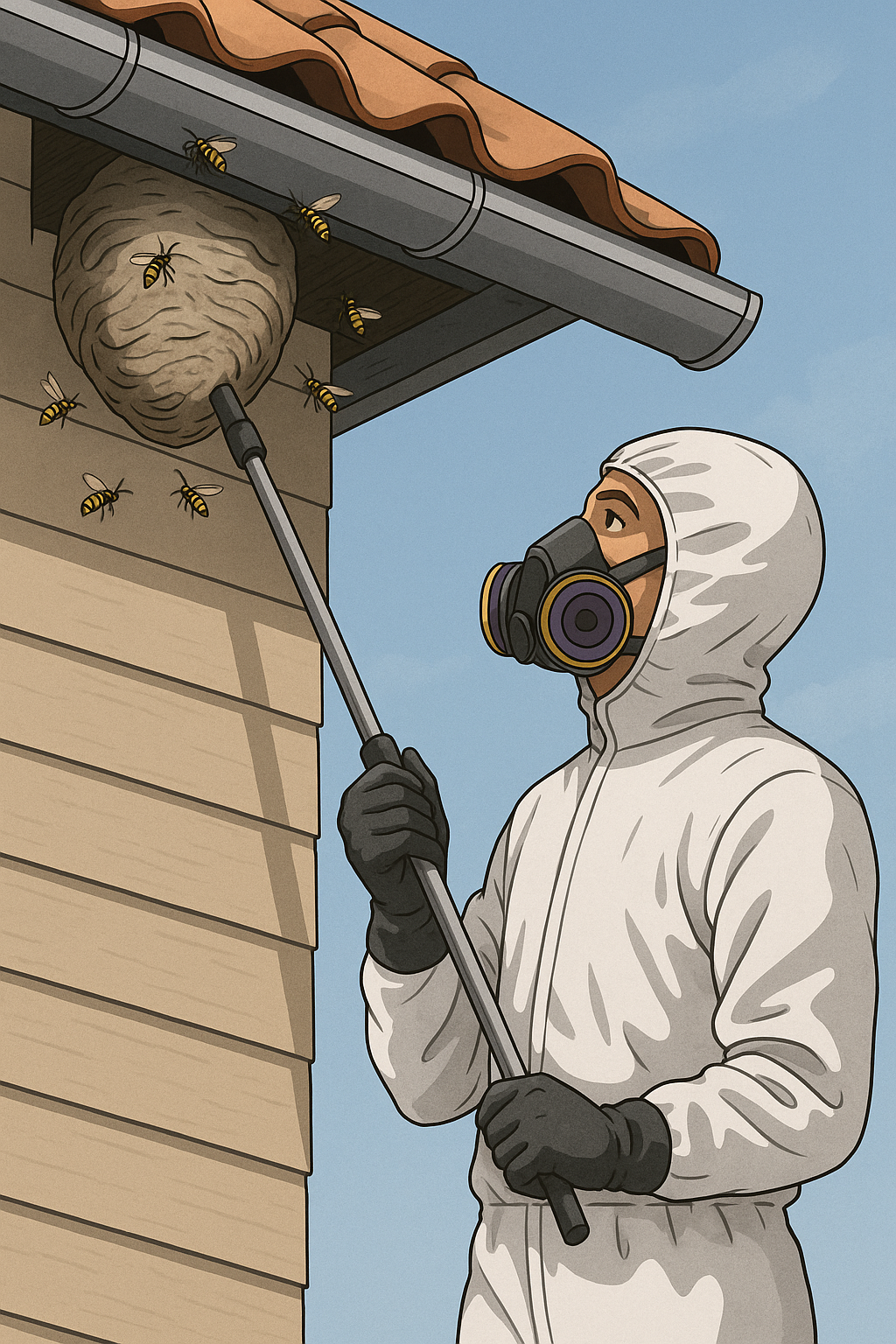 Illustration d’un professionnel en combinaison intégrale retirant un nid de guêpes sous un toit à Villeurbanne avec une perche télescopique, dans un contexte résidentiel.