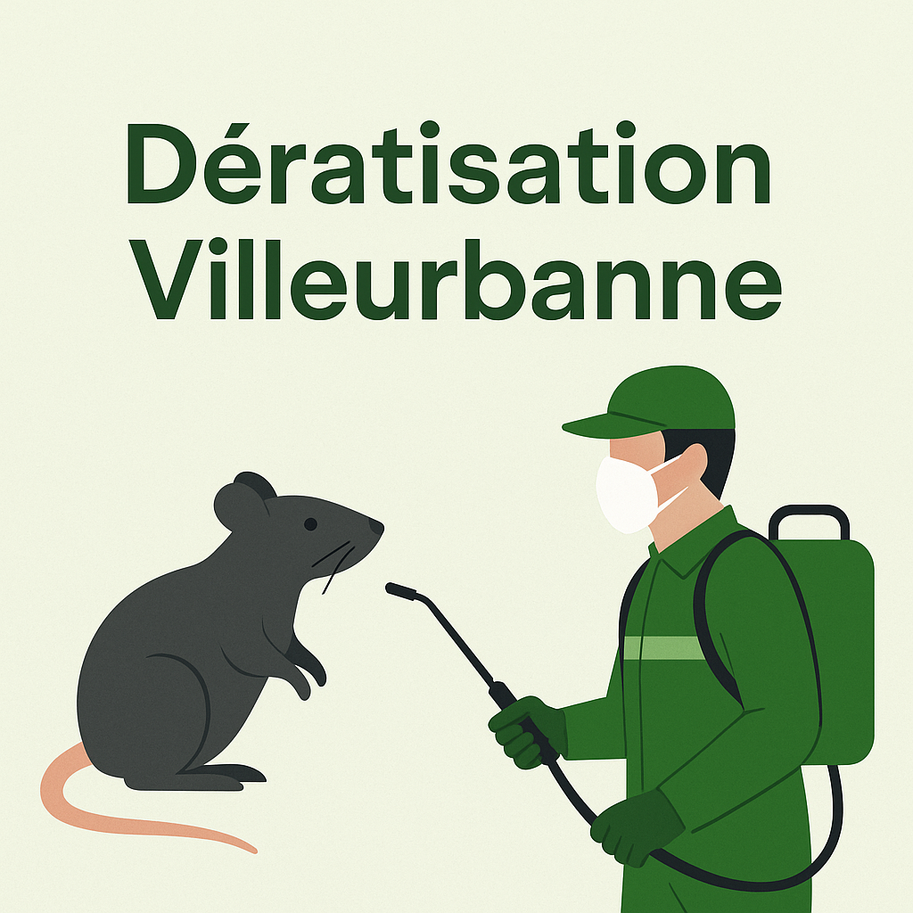 Illustration carrée représentant un dératiseur en combinaison verte pulvérisant un produit face à un rat gris. Le texte "Dératisation Villeurbanne" est centré en haut de l’image avec une typographie professionnelle verte (#185928) sur fond clair.