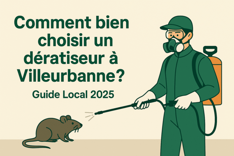 Comment bien choisir un dératiseur à Villeurbanne ? Guide Local 2025 — illustration d’un professionnel en tenue de dératisation face à un rat