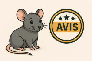 Illustration d’une souris accompagnée d’un badge "Avis" pour un article sur la dératisation à Lyon