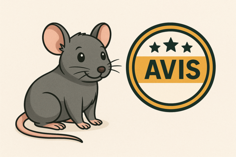 Illustration d’une souris accompagnée d’un badge "Avis" pour un article sur la dératisation à Lyon