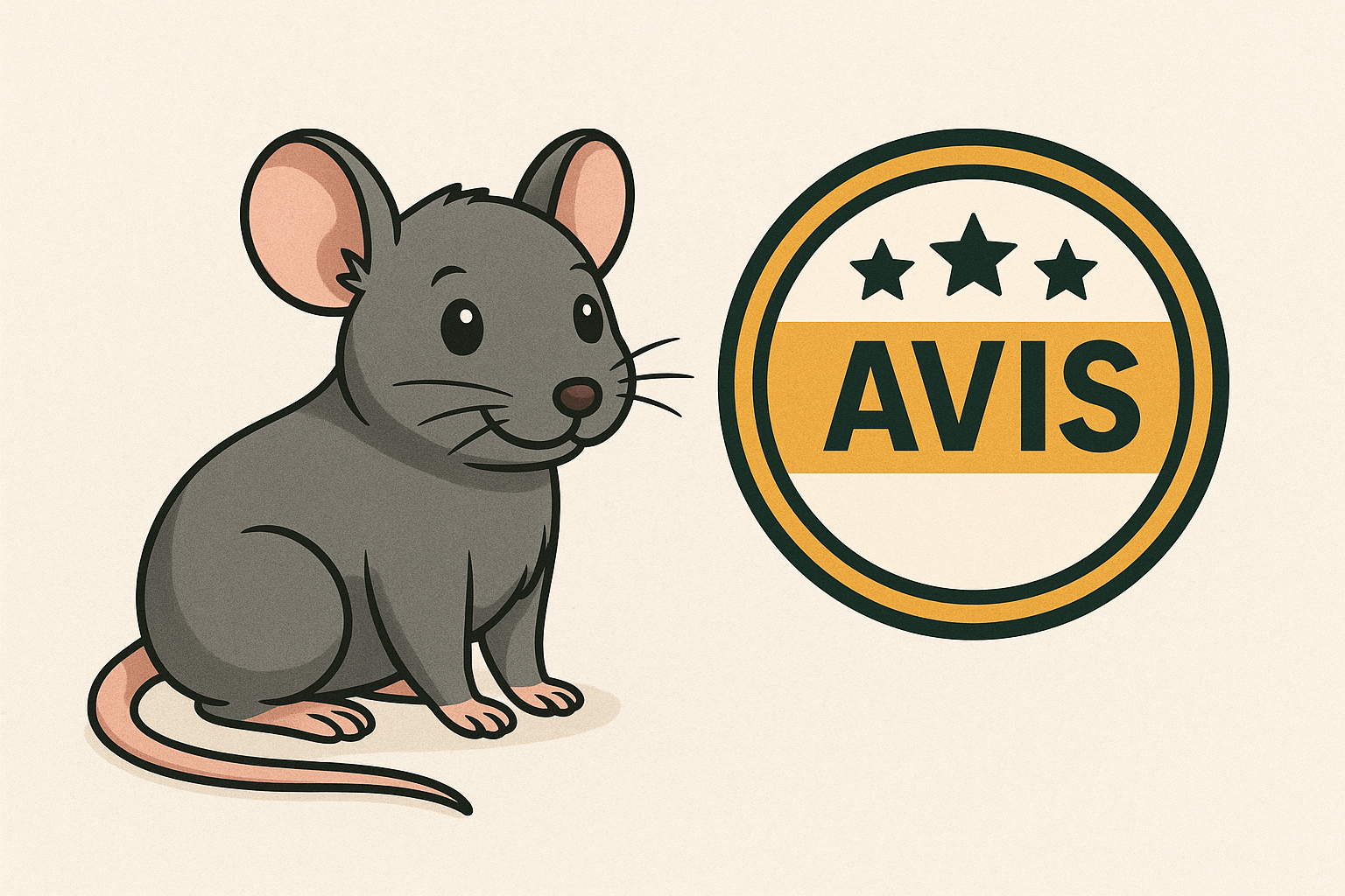 Illustration d’une souris accompagnée d’un badge "Avis" pour un article sur la dératisation à Lyon