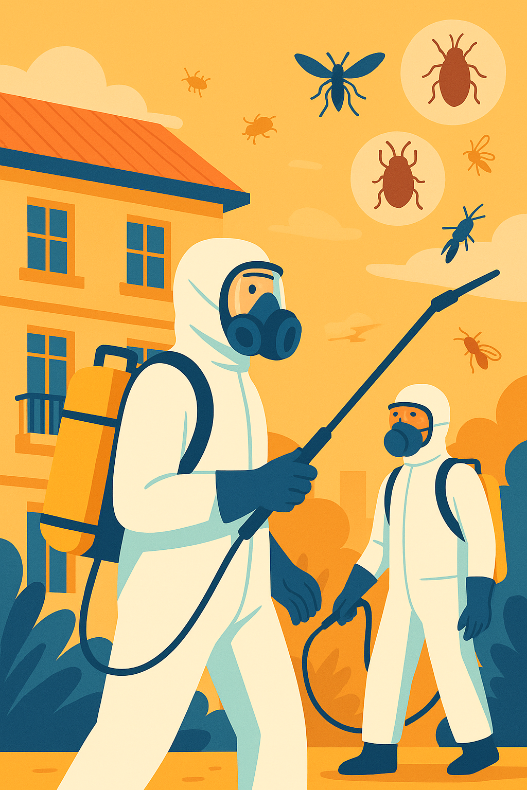Illustration vectorielle de deux professionnels en combinaison intégrale réalisant une désinsectisation devant un immeuble à Lyon, avec des pictogrammes représentant cafards, punaises de lit, moustiques et guêpes.